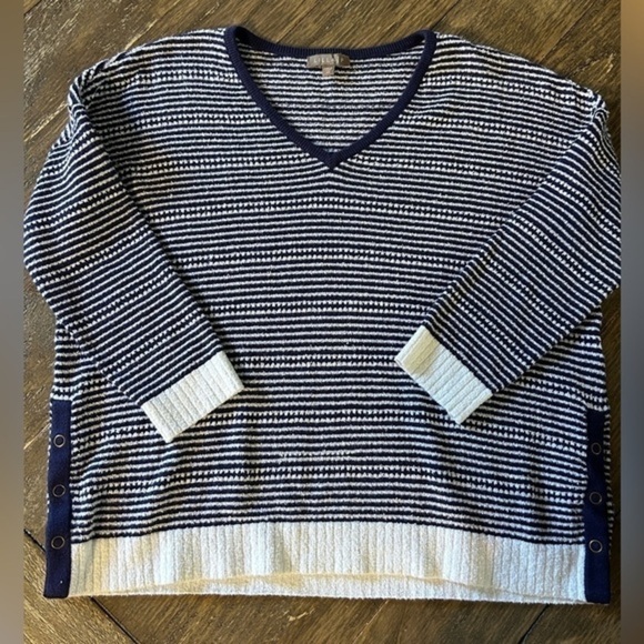 Lilla P Navy and White Striped V-Neck Sweater - Picture 2 of 13